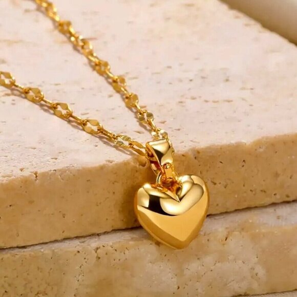 18K Golden Plated Puffy Heart Pendant Necklace - Picture 3 of 5